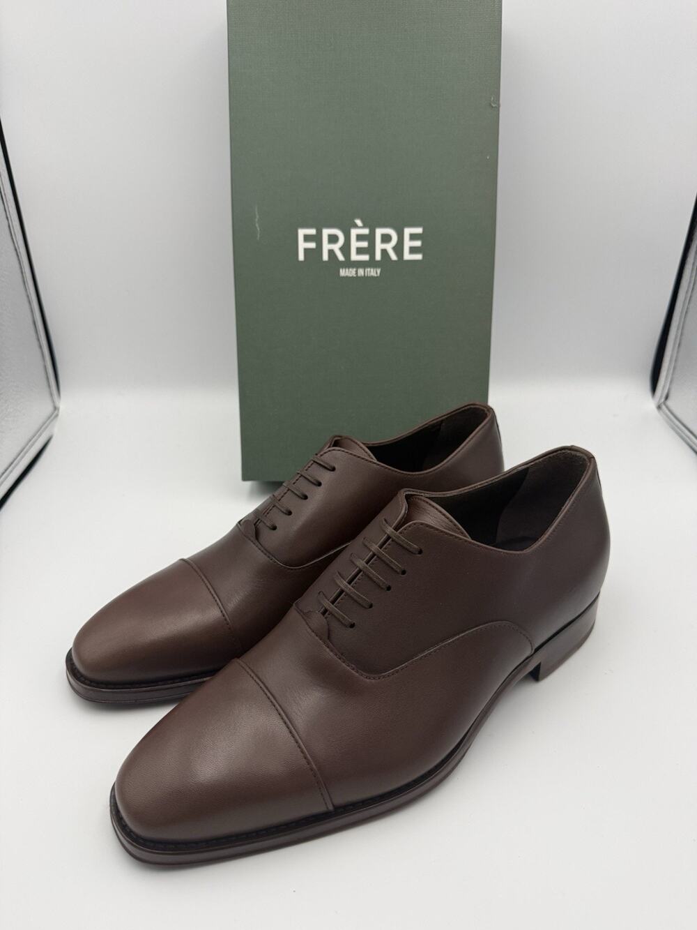 NIB FRERE Mens Leather Cap Toe Oxfords Brown Made in Italy UK 8 EU 42 US 9